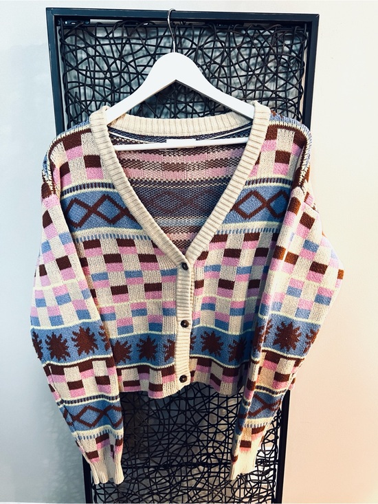 La Hearts Sweaters - LA Hearts by PacSun cream pink blue yellow cotton geo cardigan oversized M